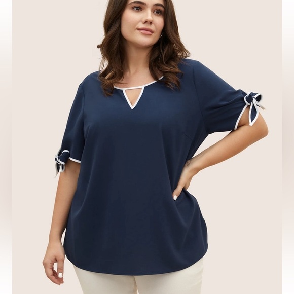 BloomChic Plus Size 3XL Contrast Trim Keyhole Tie Knot Blouse us22-24 - Picture 1 of 7
